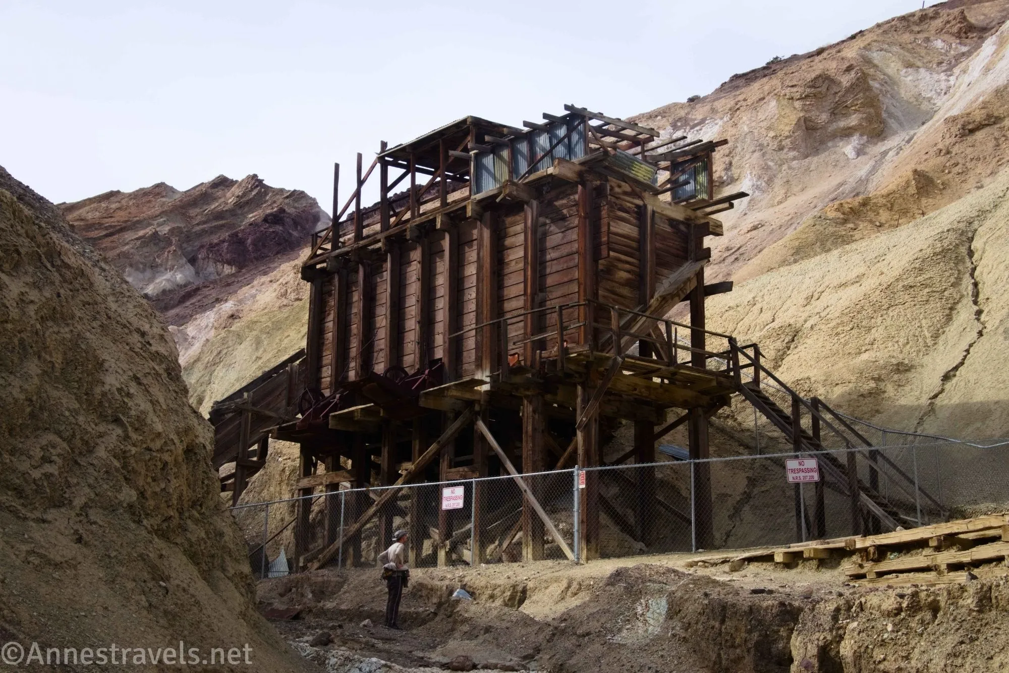 A hiker below the ore bin in Corkscrew Canyon in Death Valley National Park, California