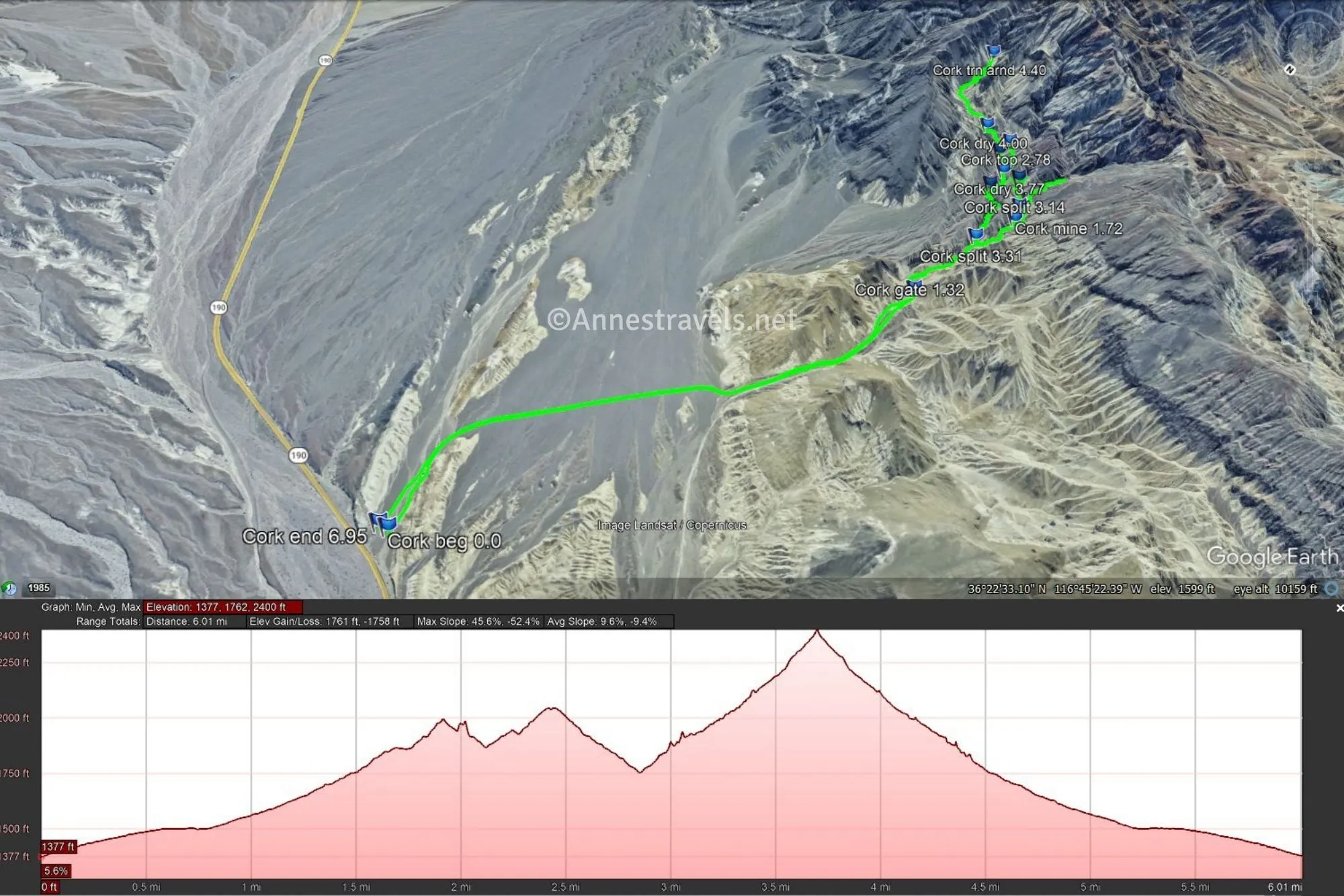 Aerial map and elevation profile of the route up Corkscrew Canyon, Death Valley National Park, California