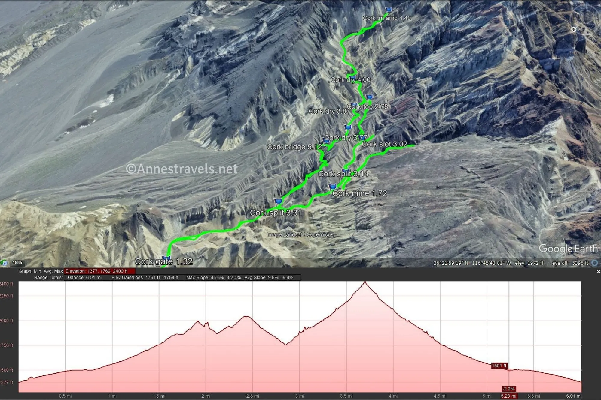 Aerial map with a green line indicating the upper part of my adventures in Corkscrew Canyon, Death Valley National Park, California