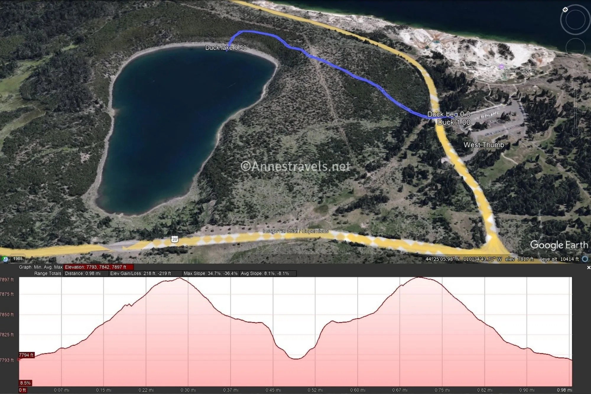 Aerial map with a blue line showing the trail to Duck Lake in Yellowstone National Park, Wyoming