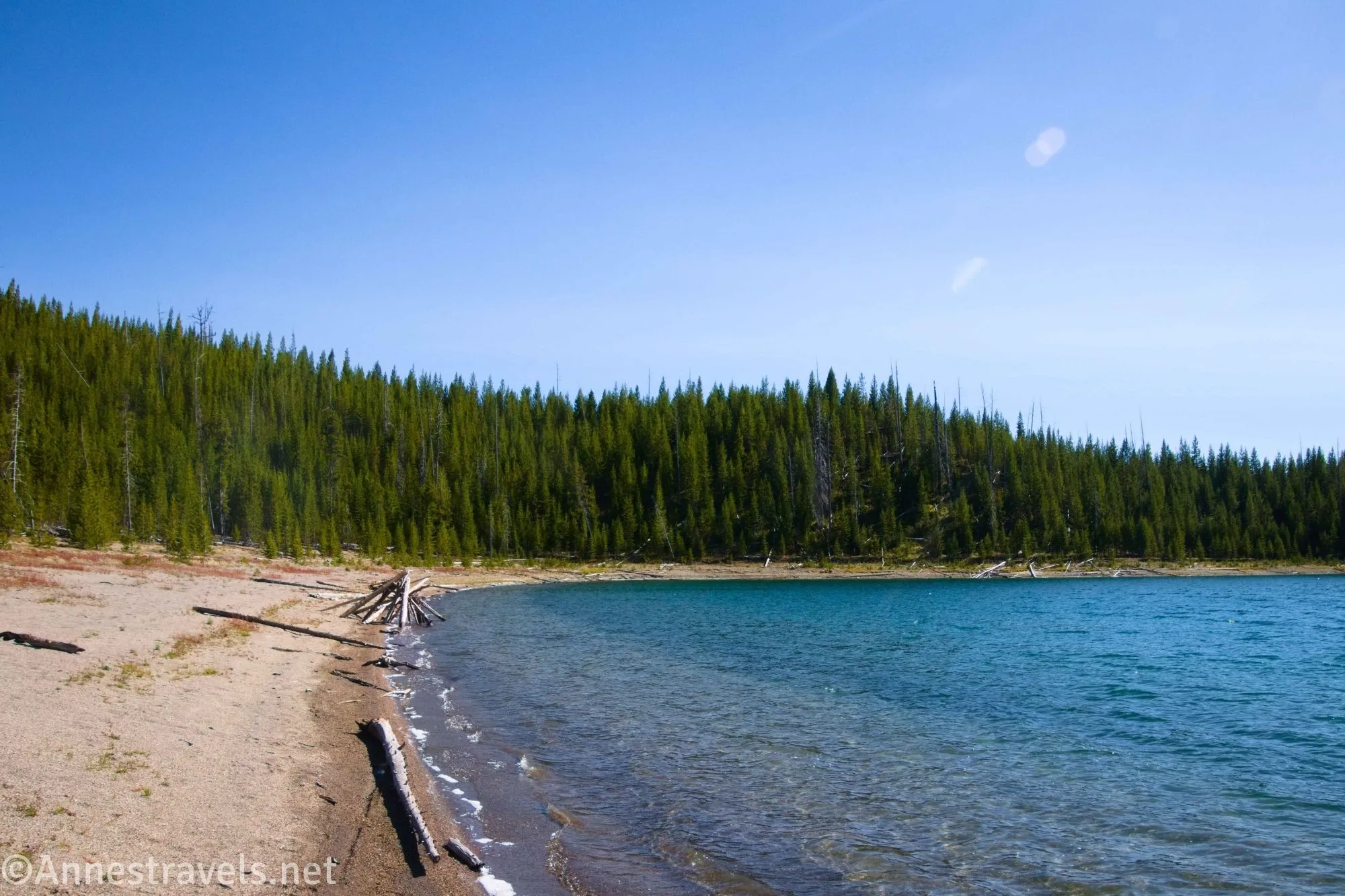 Water lapping the shoreline of Duck Lake in the West Thumb area of Yellowstone National Park, Wyoming
