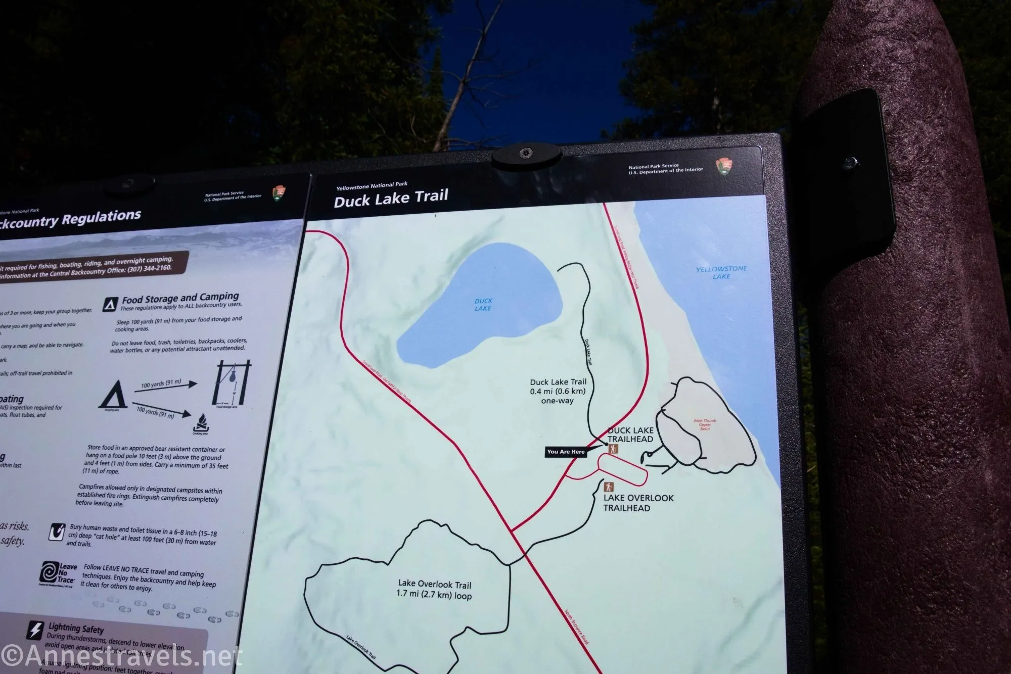 Map at the trailhead for Duck Lake in Yellowstone National Park, Wyoming