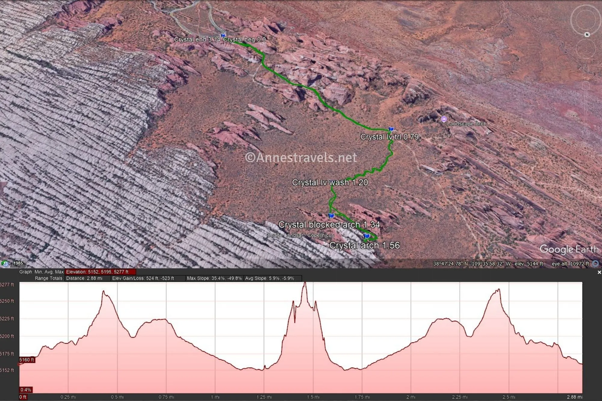 Aerial map with a green line showing the route from the Devils Garden Trailhead to Crystal Arch and Blocked Arch in Arches National Park, Utah