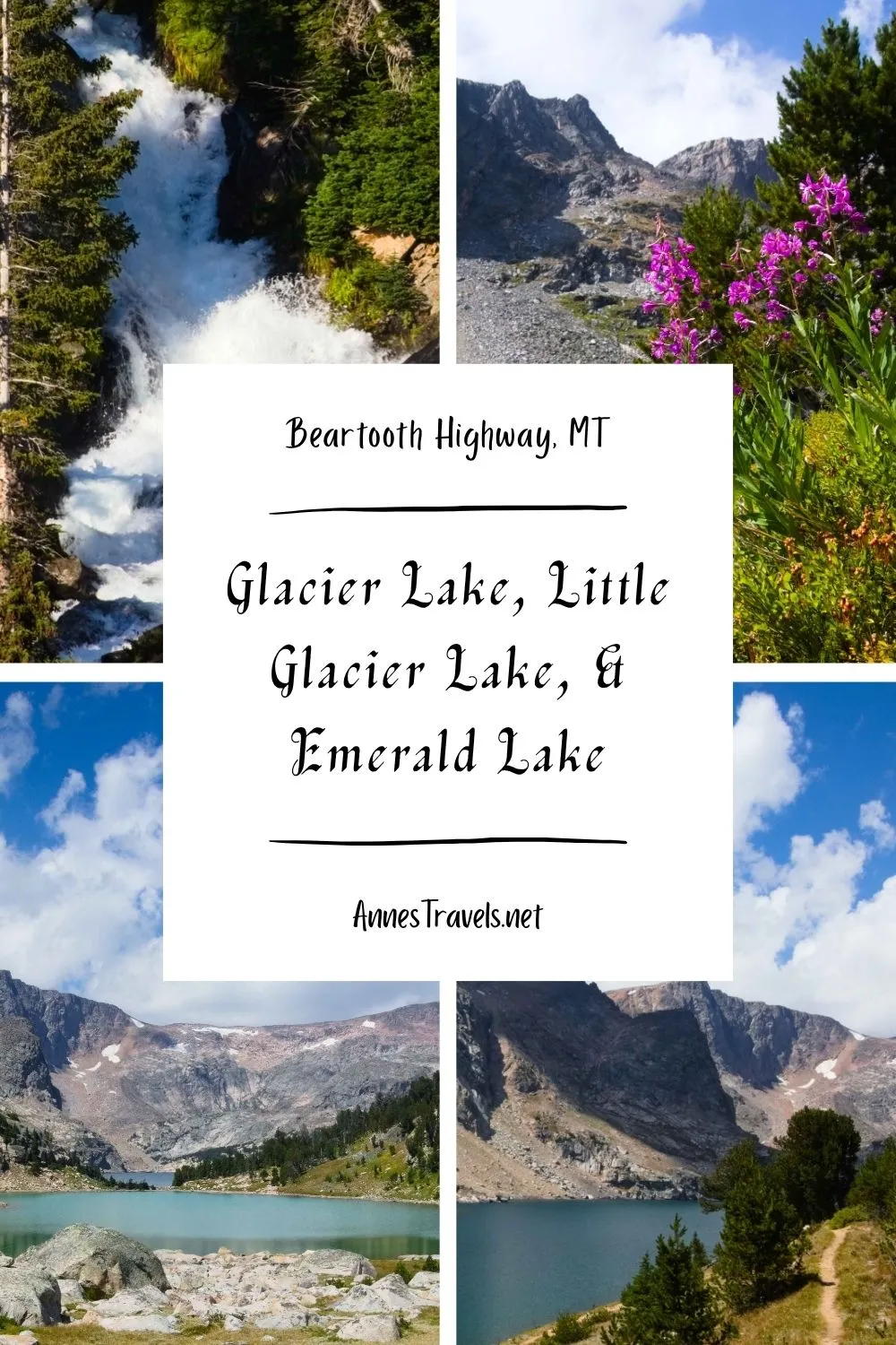 Photo collage of views along the Glacier Lake Trail to Glacier Lake, Little Glacier Lake, and Emerald Lake in Custer-Gallatin National Forest and Shoshone National Forest on the Montana/Wyoming border