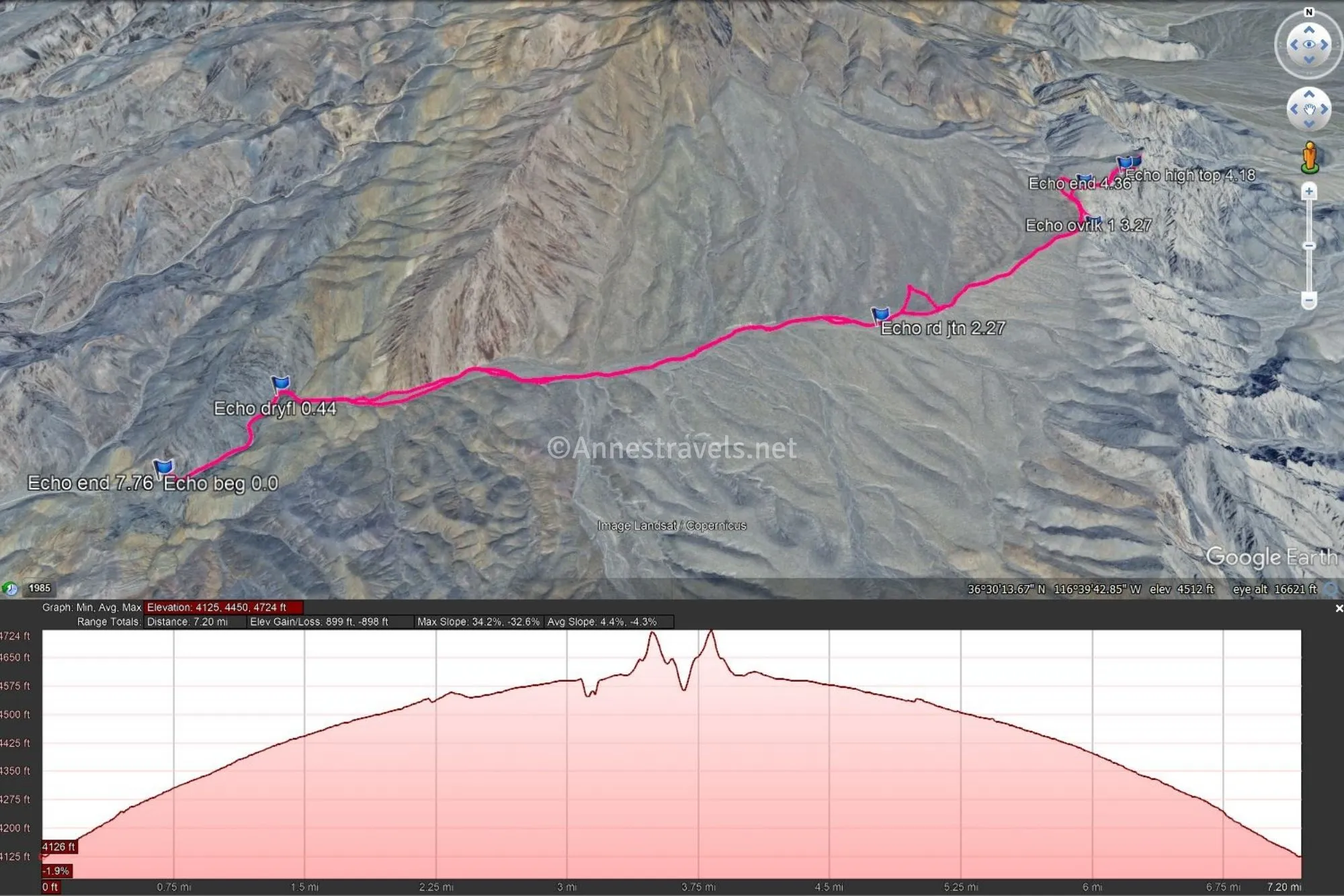 Aerial map with a pink line showing the route from the Echo Canyon Road to the Echo Canyon Overlook at the rim of the Amargosa Valley in the Funeral Mountains of Death Valley National Park, California