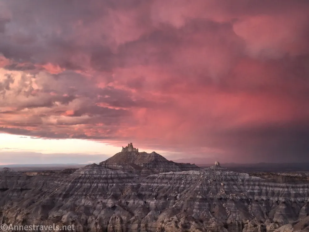 Sunset and storm clouds over Angels Peak Scenic Area, New Mexico