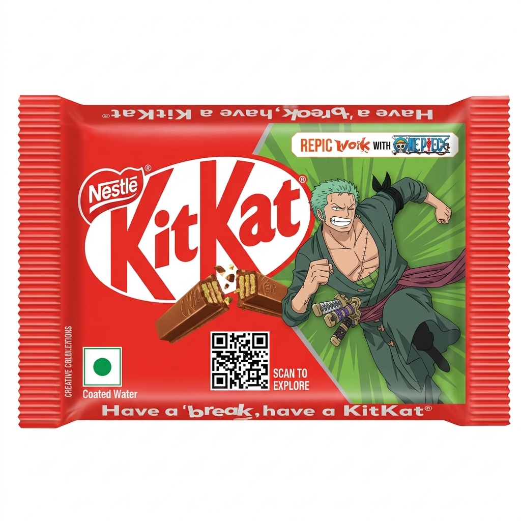 A limited-edition Nestle KitKat wrapper featuring an official collaboration with the anime One Piece. The bright red packaging displays the iconic white and red KitKat oval logo on the left, next to an illustration of a broken chocolate wafer finger. On the right, the character Roronoa Zoro is depicted in a dynamic running pose against a green sunburst background. A black-and-white QR code labeled "SCAN TO EXPLORE" sits near the bottom center, flanked by the classic "Have a 'break, have a KitKat" slogan running along the top and bottom edges.