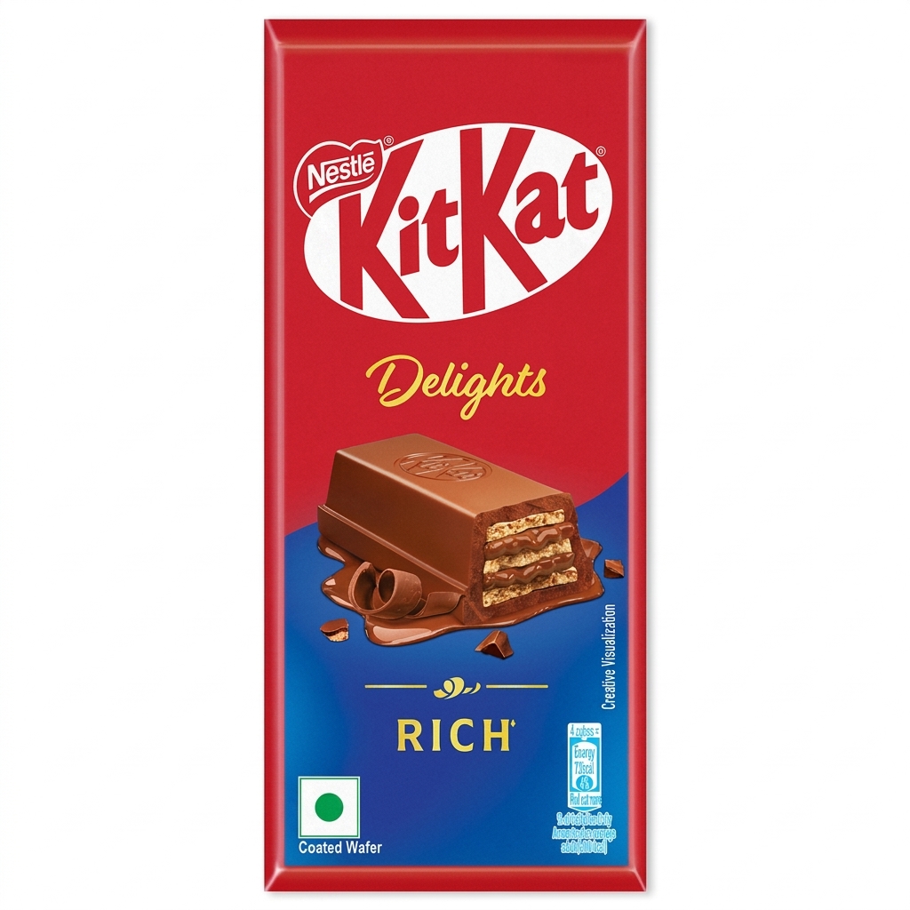 Nestle KitKat Delights Rich chocolate bar packaging on a white background. The vertical wrapper features the iconic red and white KitKat logo at the top over a red background, script text reading "Delights", and an illustration of a single crisp wafer finger coated in layered milk chocolate with curls on a blue base.