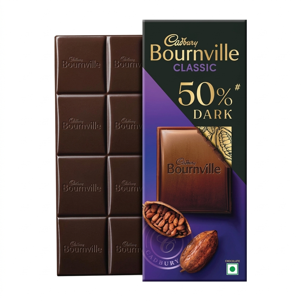 Cadbury Bournville Classic 50% Dark chocolate bar packaging next to an unwrapped chocolate block on a white background. The vertical wrapper features a diagonal purple and black design with gold typography, cocoa beans, and a chocolate piece graphic, while the open dark chocolate bar shows individually stamped squares with the Bournville logo.