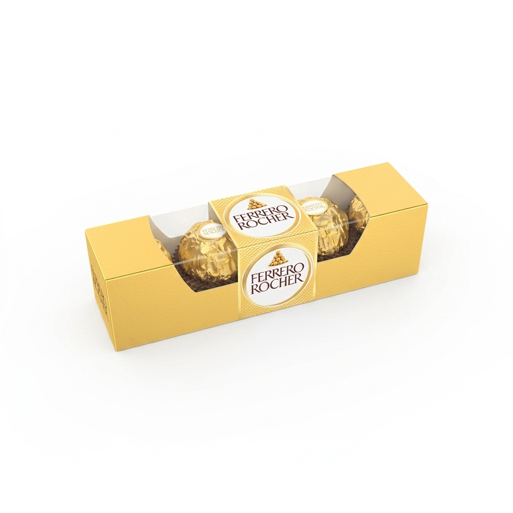 Ferrero Rocher chocolate four-pack box on a clean white background. The rectangular golden paperboard packaging features a clear transparent window displaying the individually gold-foil wrapped praline truffles inside, accented by the circular white and gold brand logo stamped on the center sleeve.