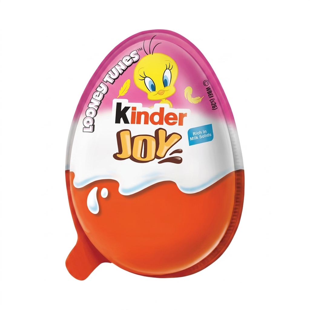 A limited edition Kinder Joy egg featuring a Looney Tunes Tweety Bird design packaging.