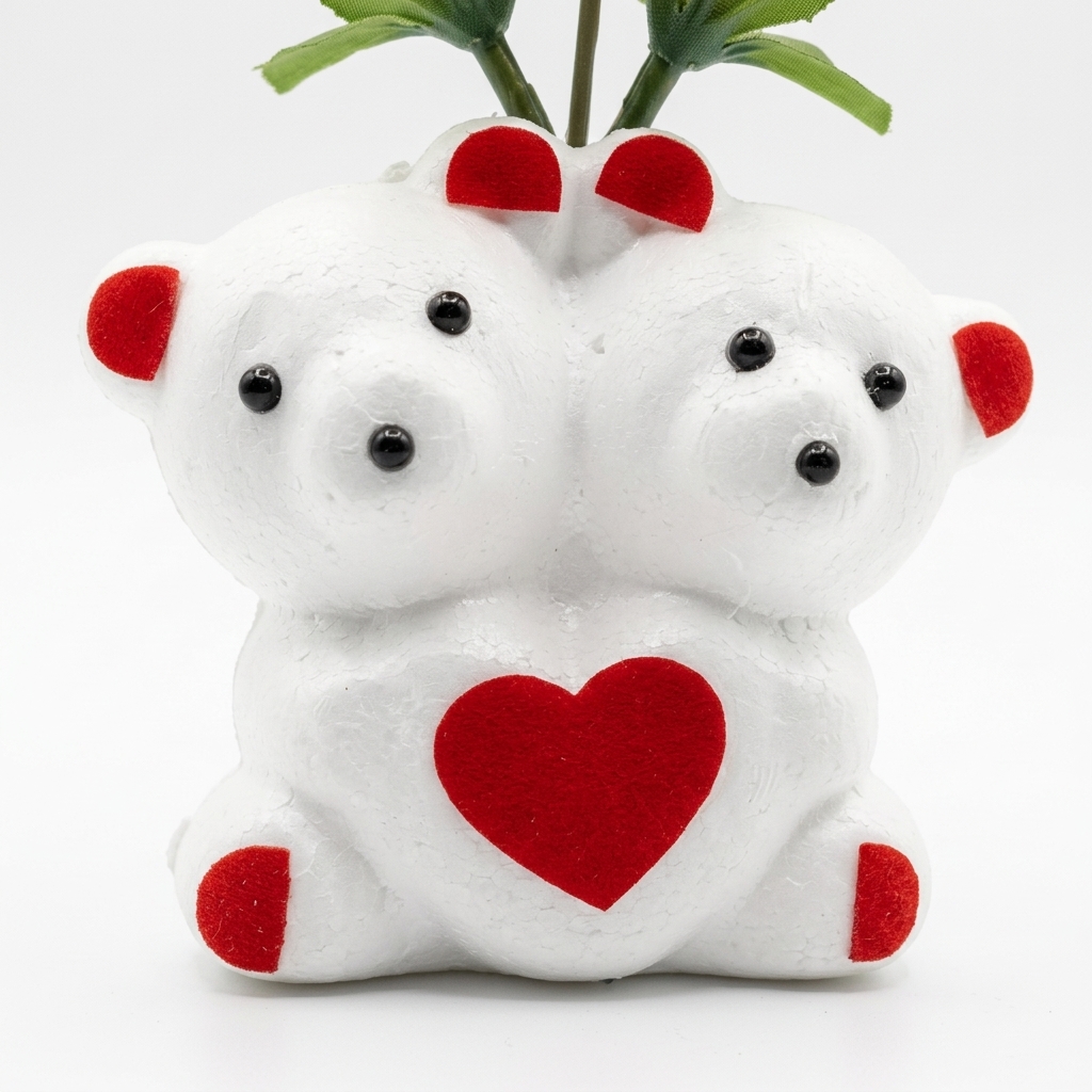 A white styrofoam twin teddy bear accessory featuring red velvet ears, paws, and a central heart.
