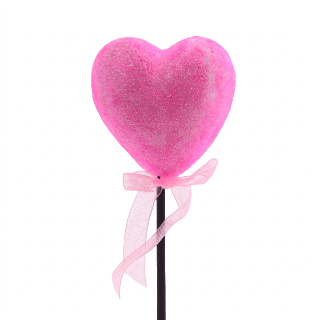 A pink glittery styrofoam heart topper on a stick decorated with a sheer pink ribbon.