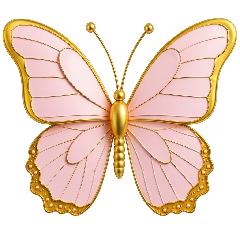 A decorative pink and gold metallic butterfly element on a clean white background.