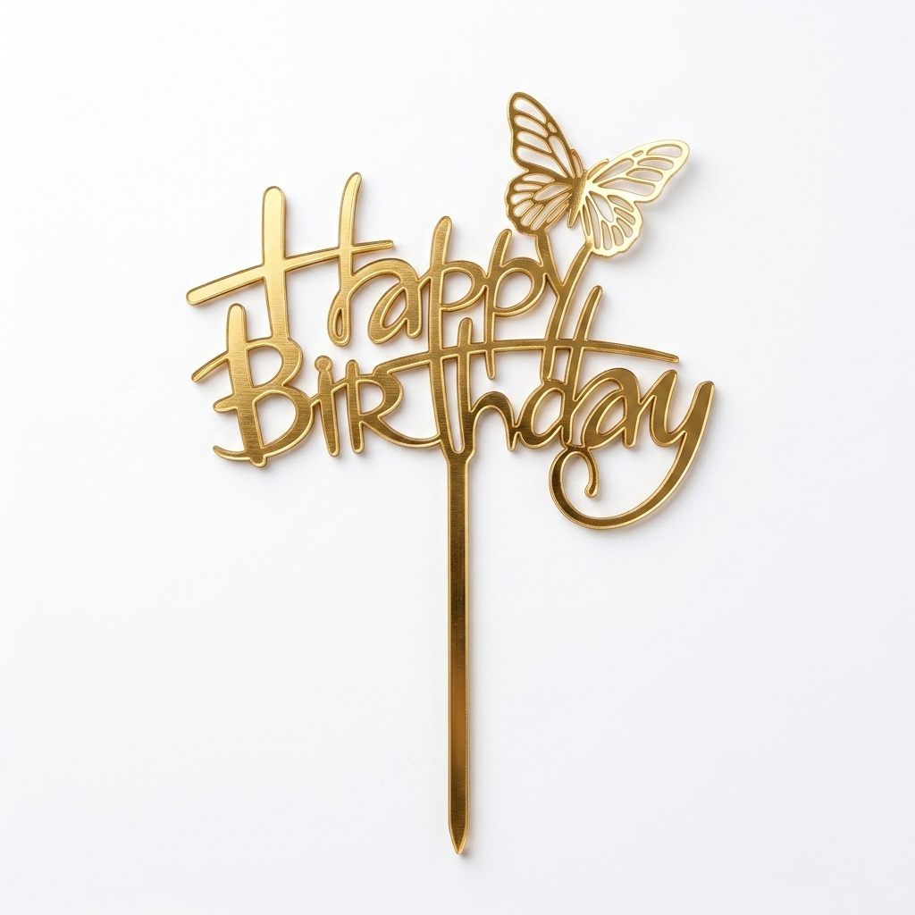 A shiny gold acrylic Happy Birthday topper featuring a decorative butterfly on a white background.