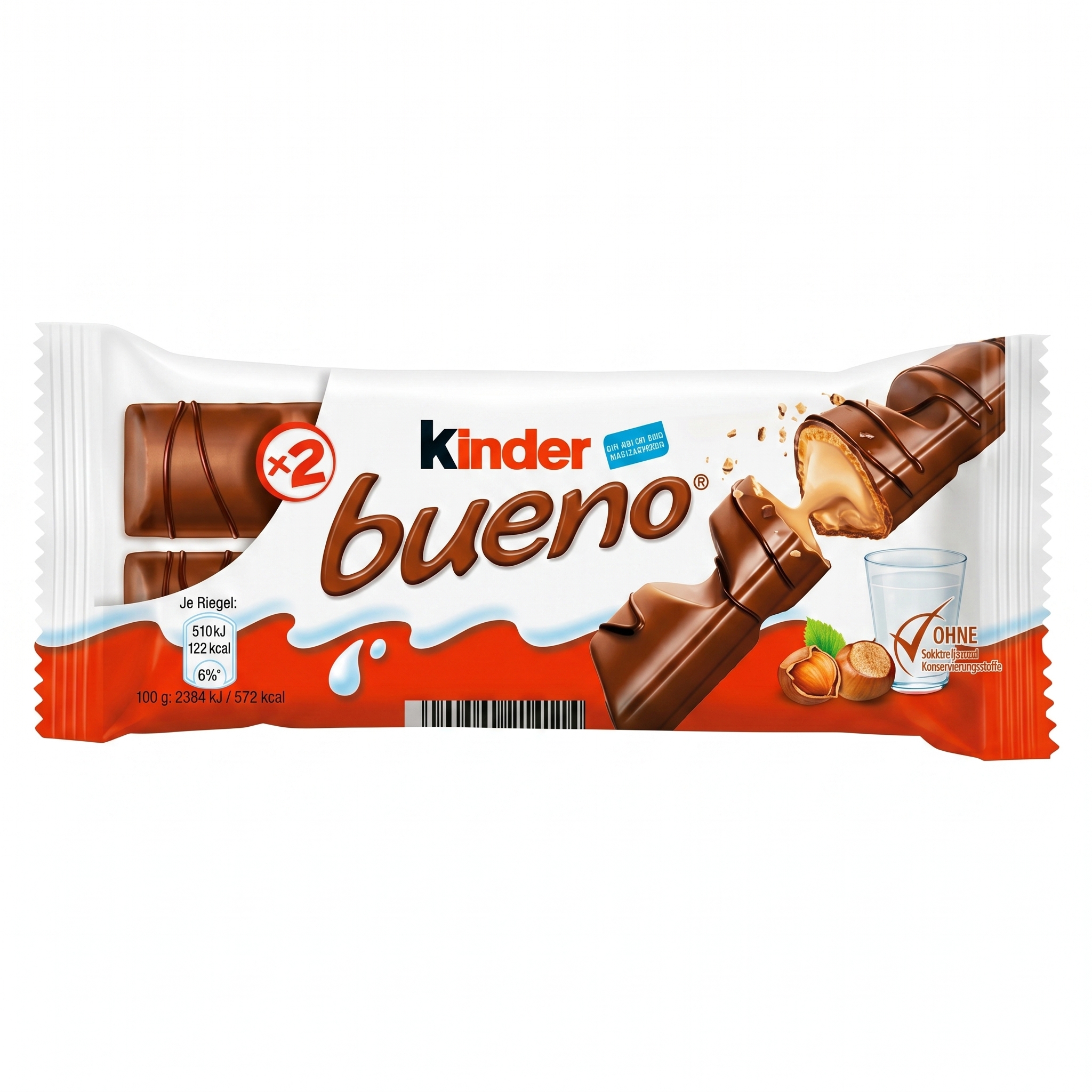A Kinder Bueno milk chocolate wrapper showing a broken wafer bar filled with hazelnut cream.