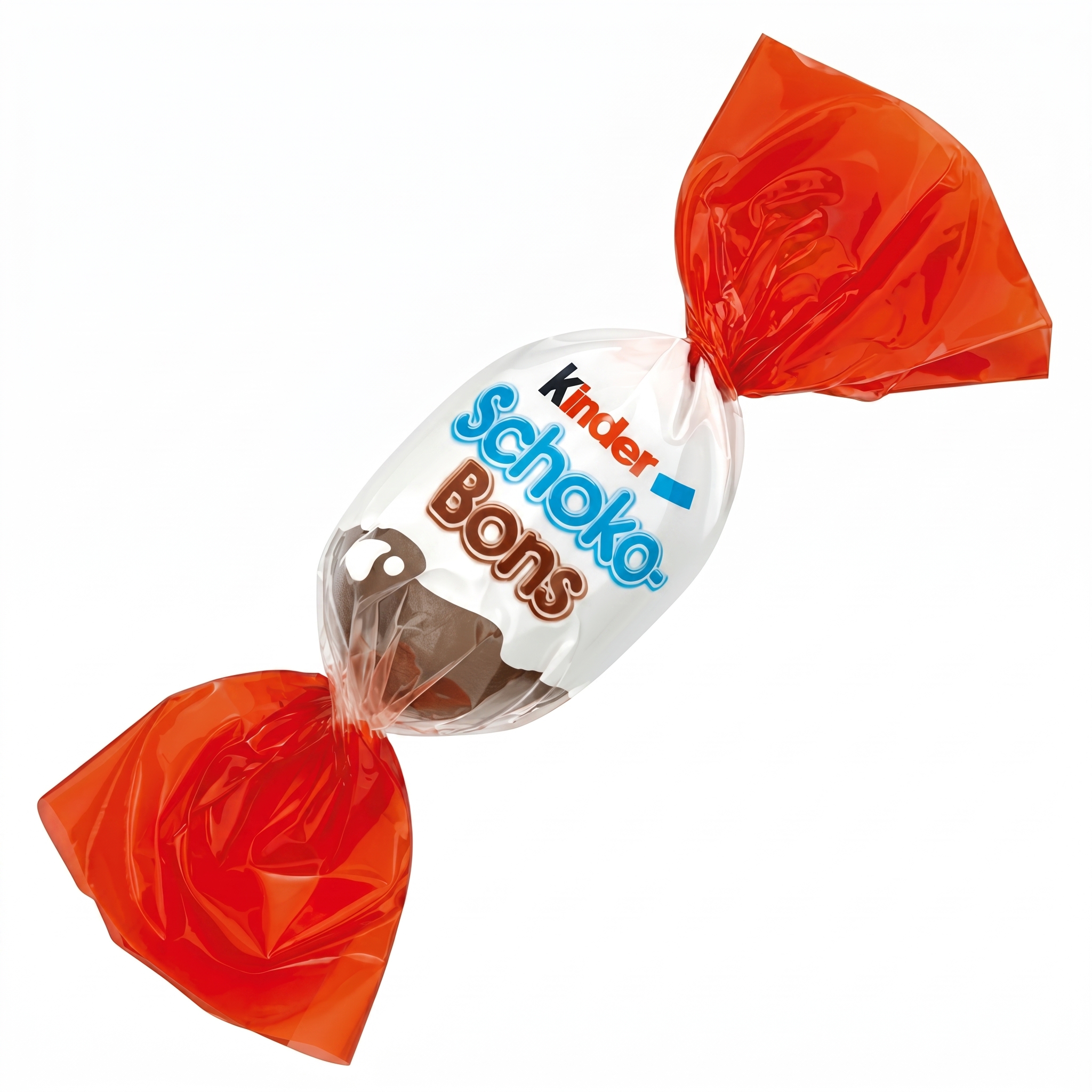 An individually wrapped Kinder Schoko-Bons milk chocolate candy with bright red twisted wrapper ends.