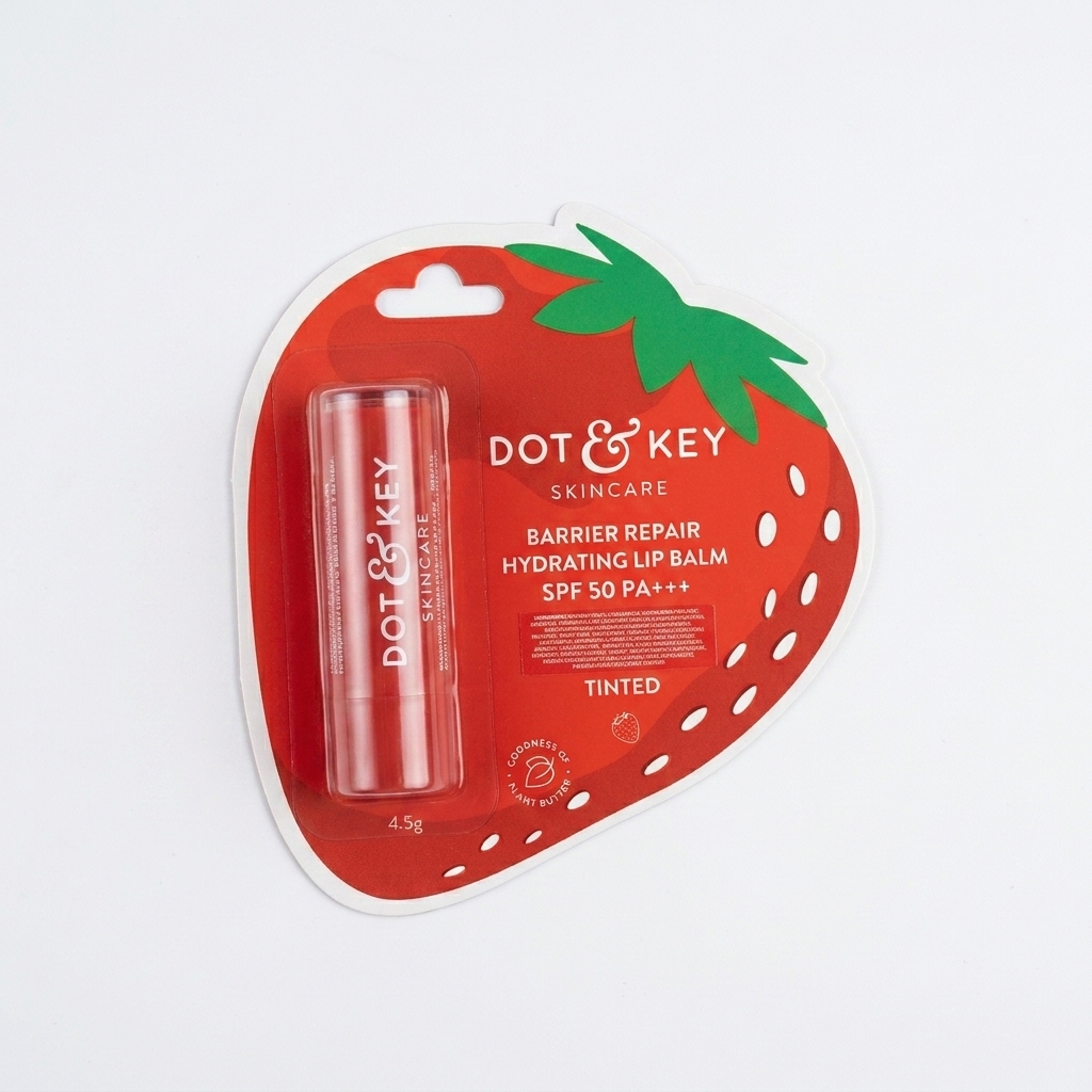 A Dot and Key strawberry hydrating lip balm packaged in a bright strawberry-shaped blister card.
