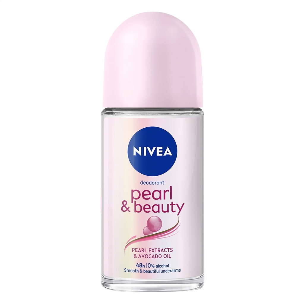 A bottle of Nivea Pearl and Beauty roll-on deodorant with a pink cap.