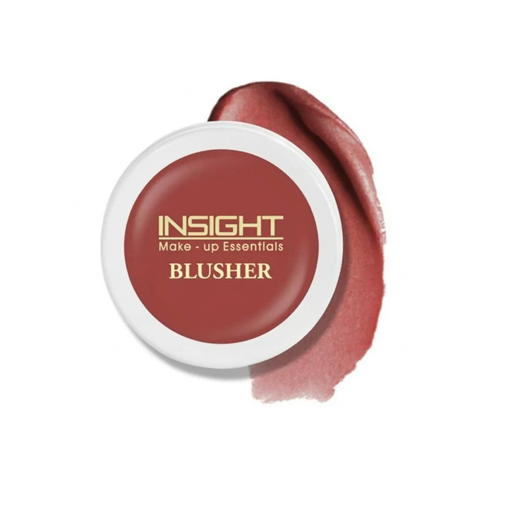 A round pot of Insight Make-up Essentials cream blusher next to a textured color swatch.