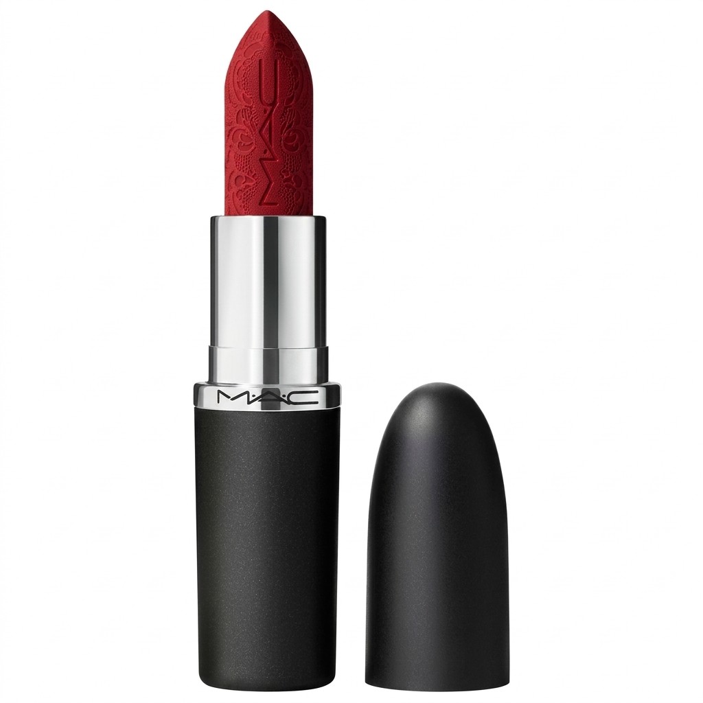 An open tube of MAC red matte lipstick featuring an intricately embossed lace pattern bullet.