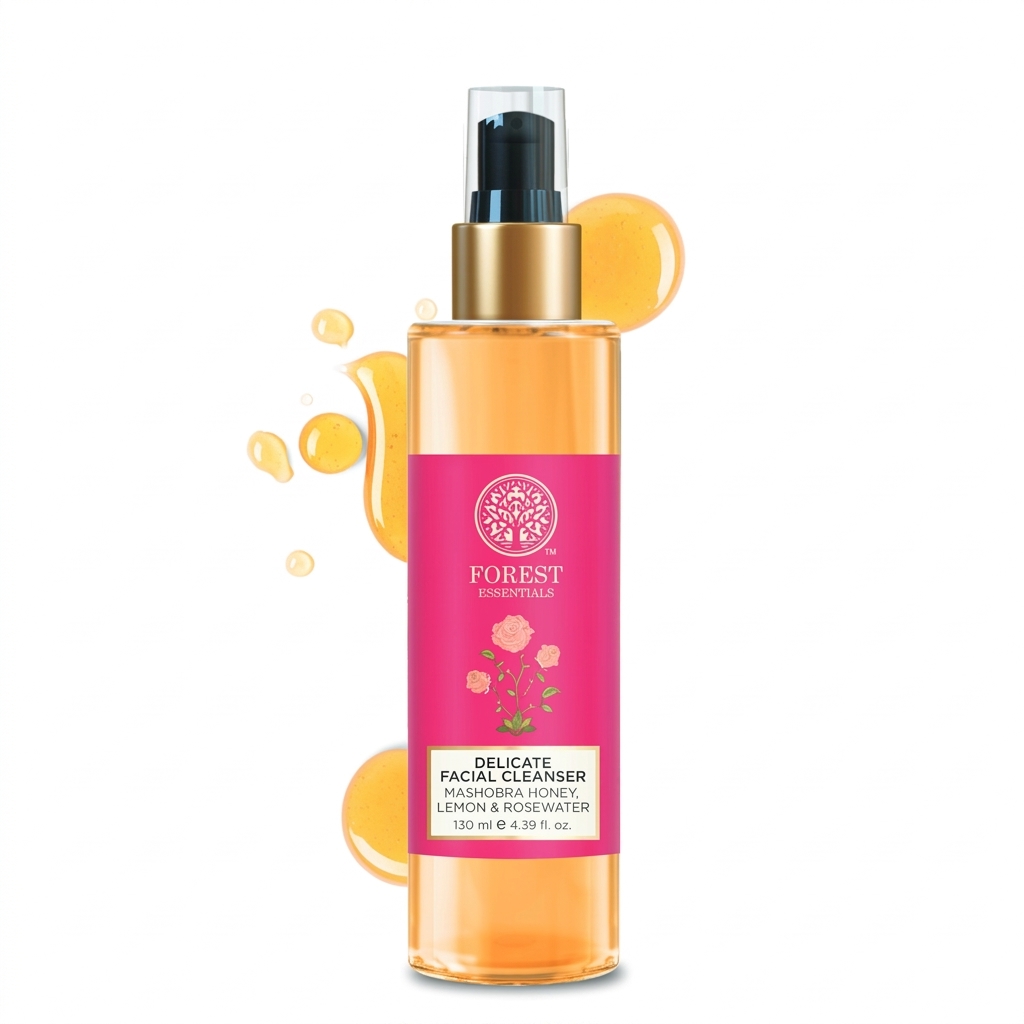 A Forest Essentials Delicate Facial Cleanser pump bottle filled with honey-colored liquid formula.