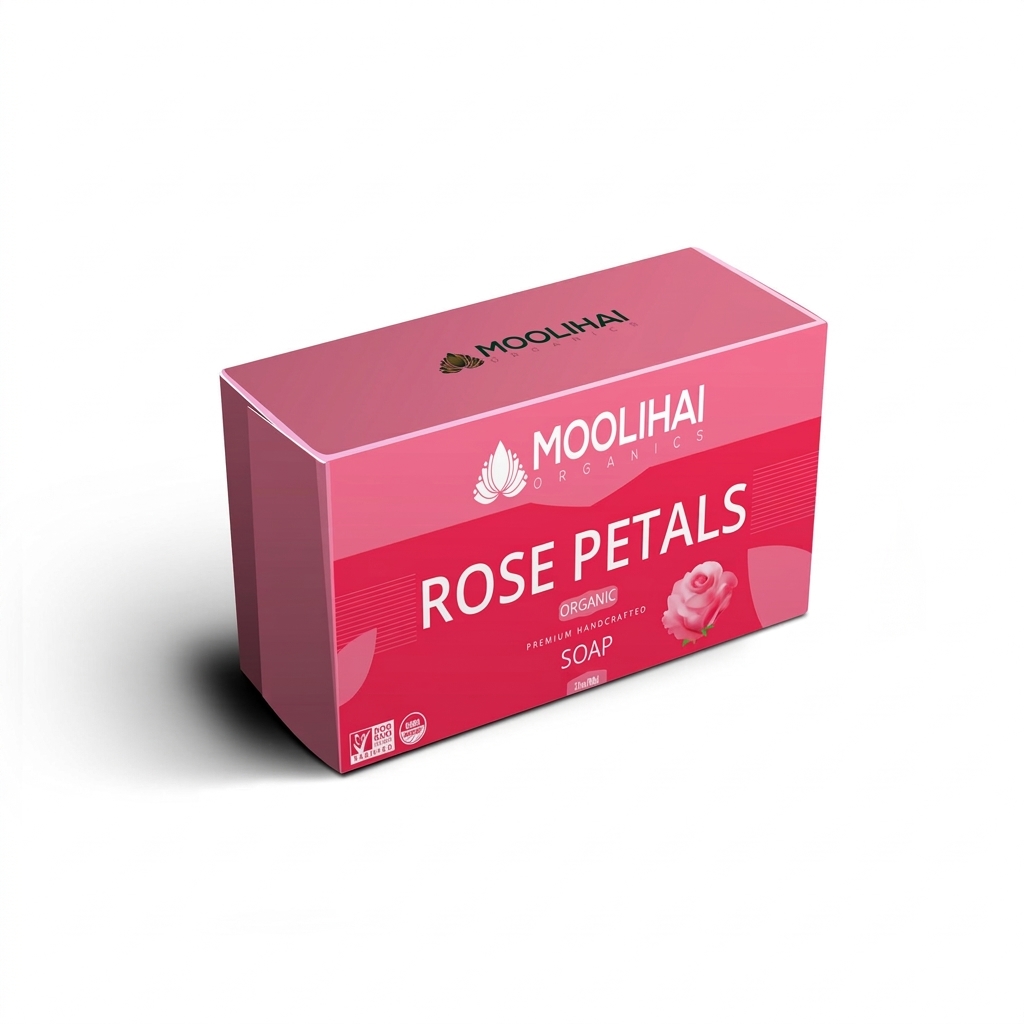 A pink packaging box for Moolihai Organics Rose Petals premium handcrafted organic soap.