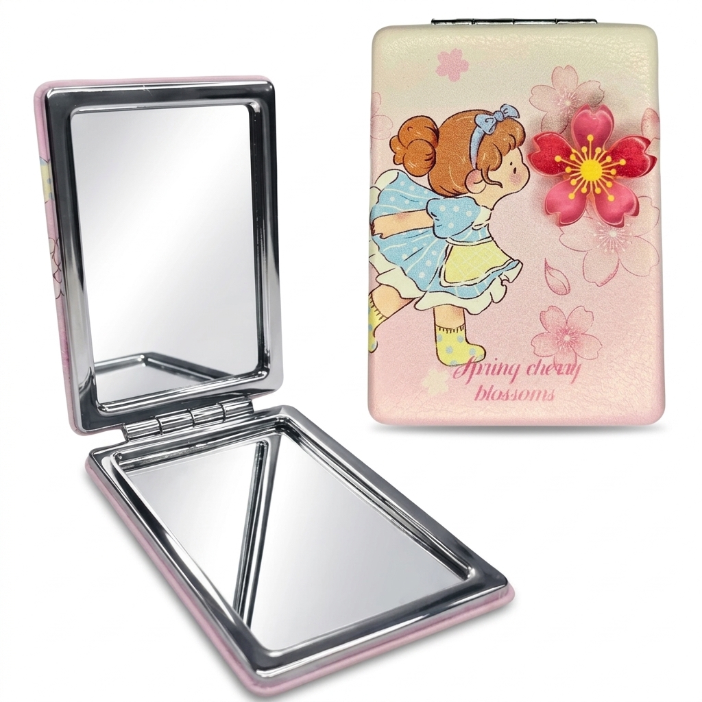 A rectangular double-sided compact makeup mirror featuring a cute cartoon girl and cherry blossoms.