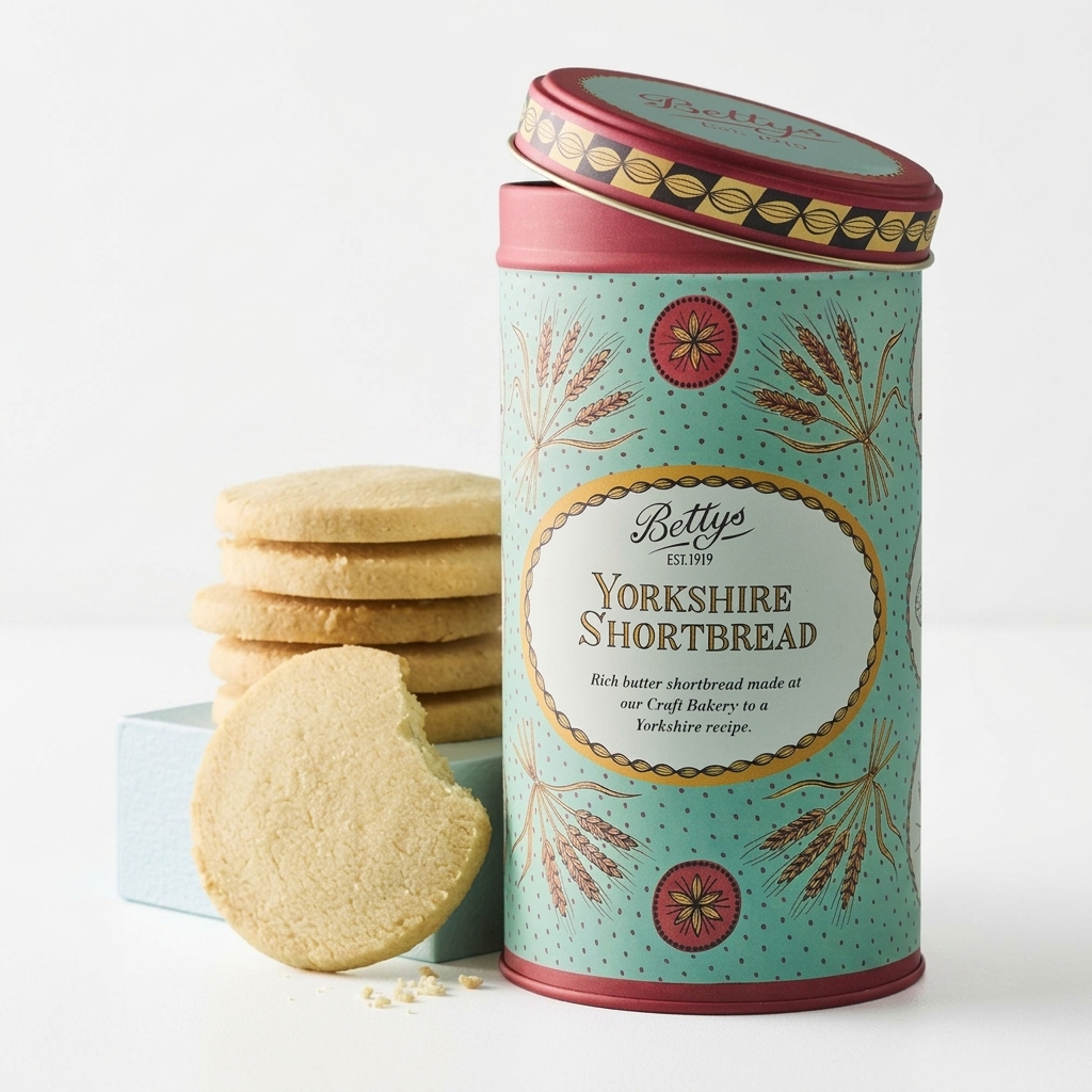 A tall teal canister of Bettys Yorkshire Shortbread biscuits alongside a stack of round cookies.