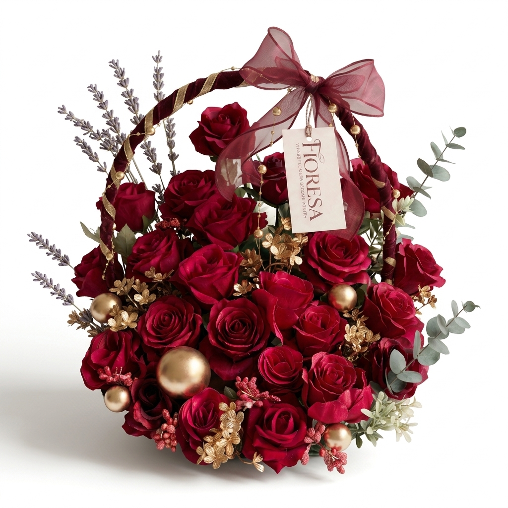 A luxury Fioresa floral arrangement featuring red roses, gold baubles, and lavender sprigs in a basket.