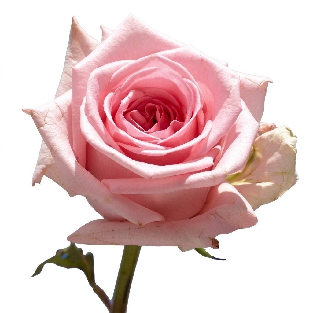 A single blooming light pink rose flower on a green stem isolated on white.