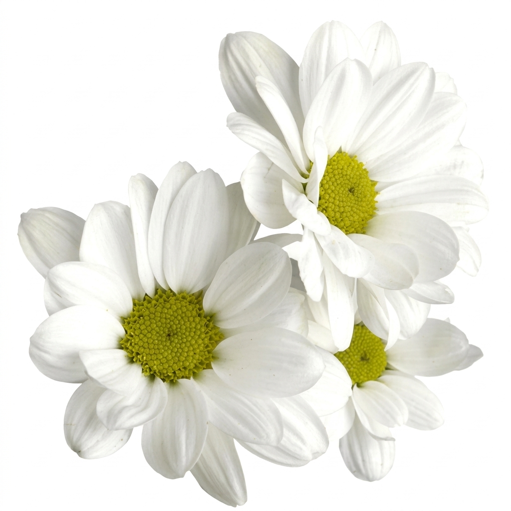 Three blooming white chrysanthemum daisy flowers with yellow-green centers isolated on a white background.