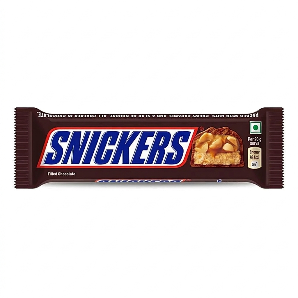A packaged Snickers candy bar displaying its classic logo on a white background.