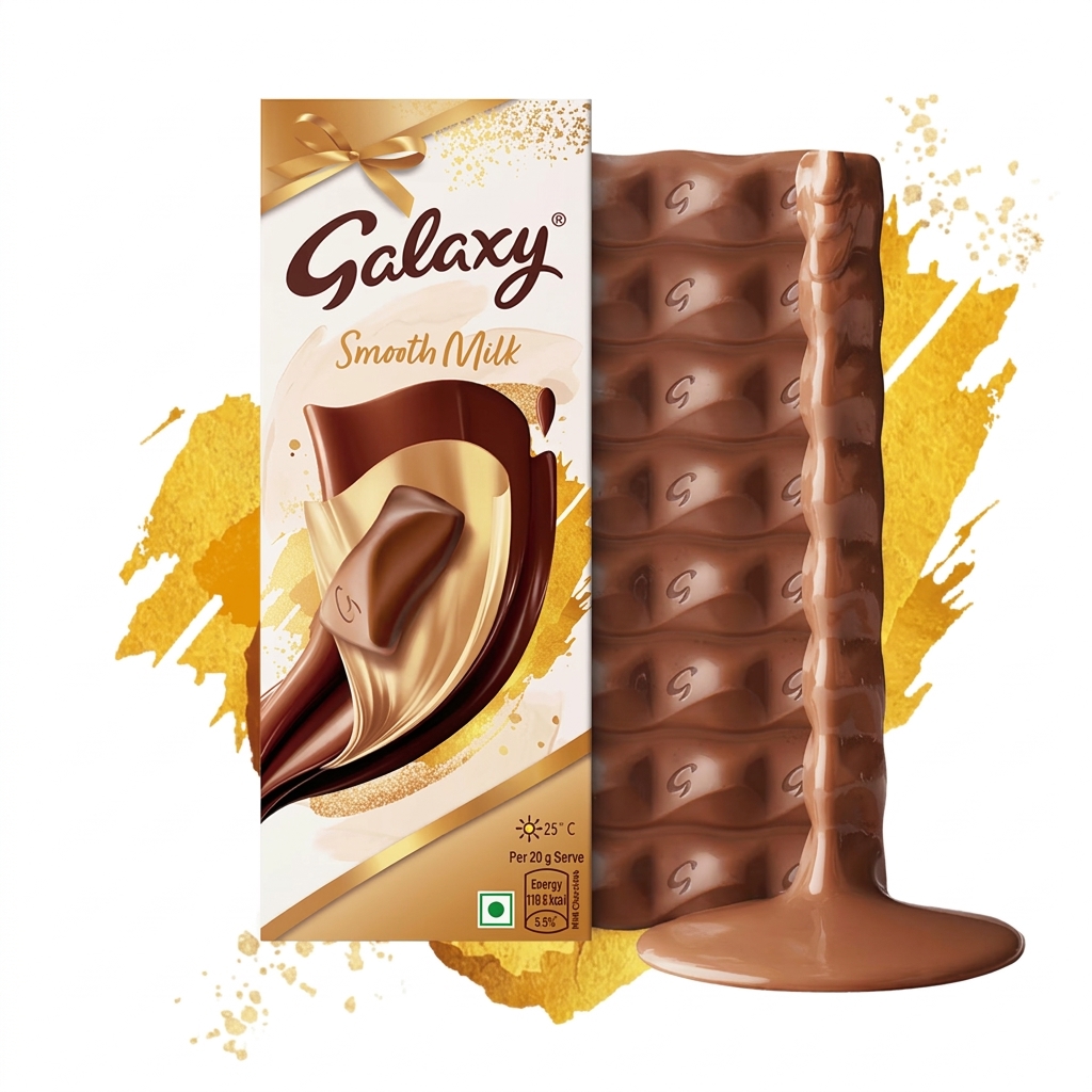 A Galaxy Smooth Milk chocolate bar package next to an unwrapped wavy chocolate block.