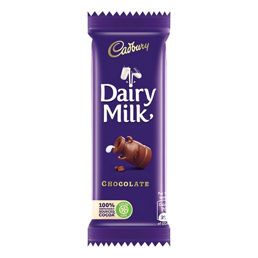 A packaged Cadbury Dairy Milk chocolate bar in its iconic purple wrapper.