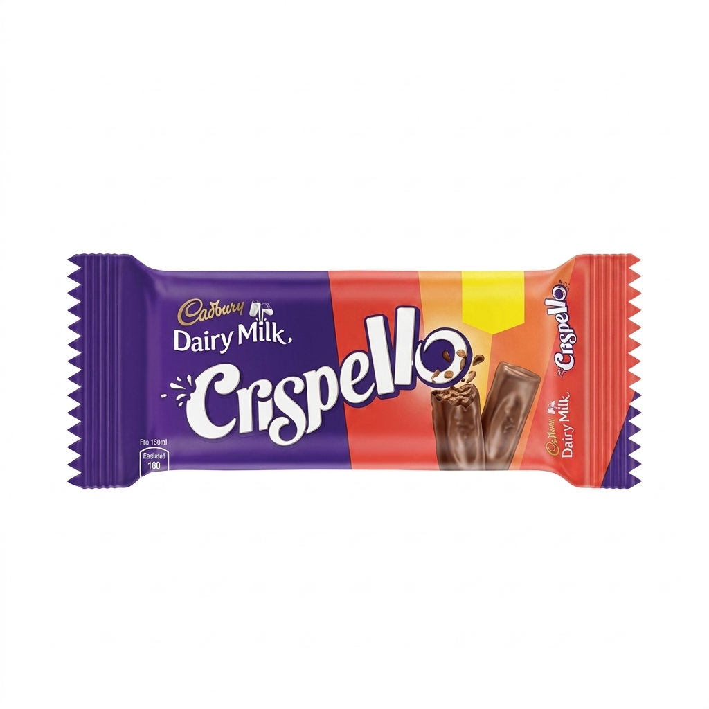 A packaged Cadbury Dairy Milk Crispello chocolate bar with a purple and red wrapper.