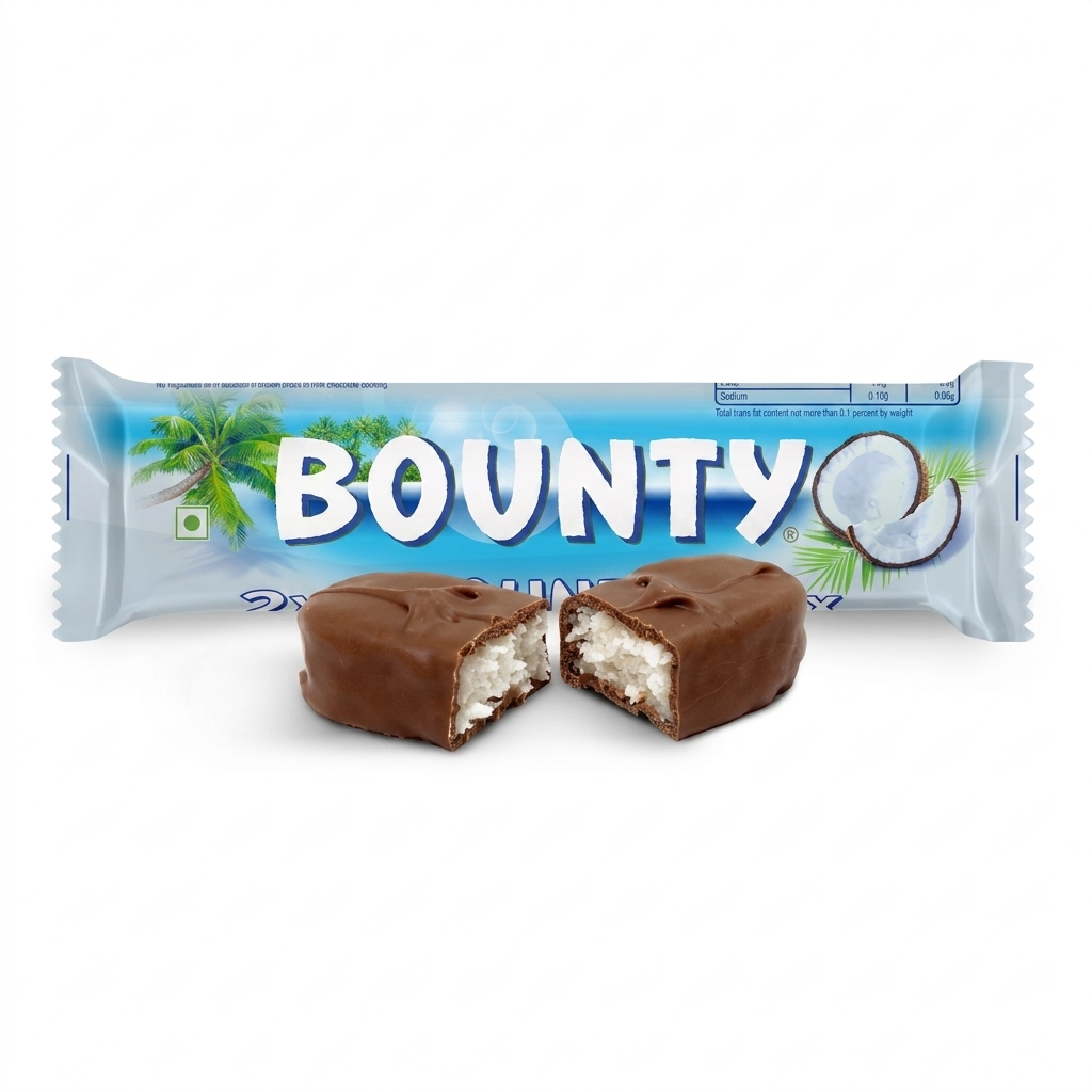 A packaged Bounty candy bar next to a broken chocolate piece showing coconut filling.