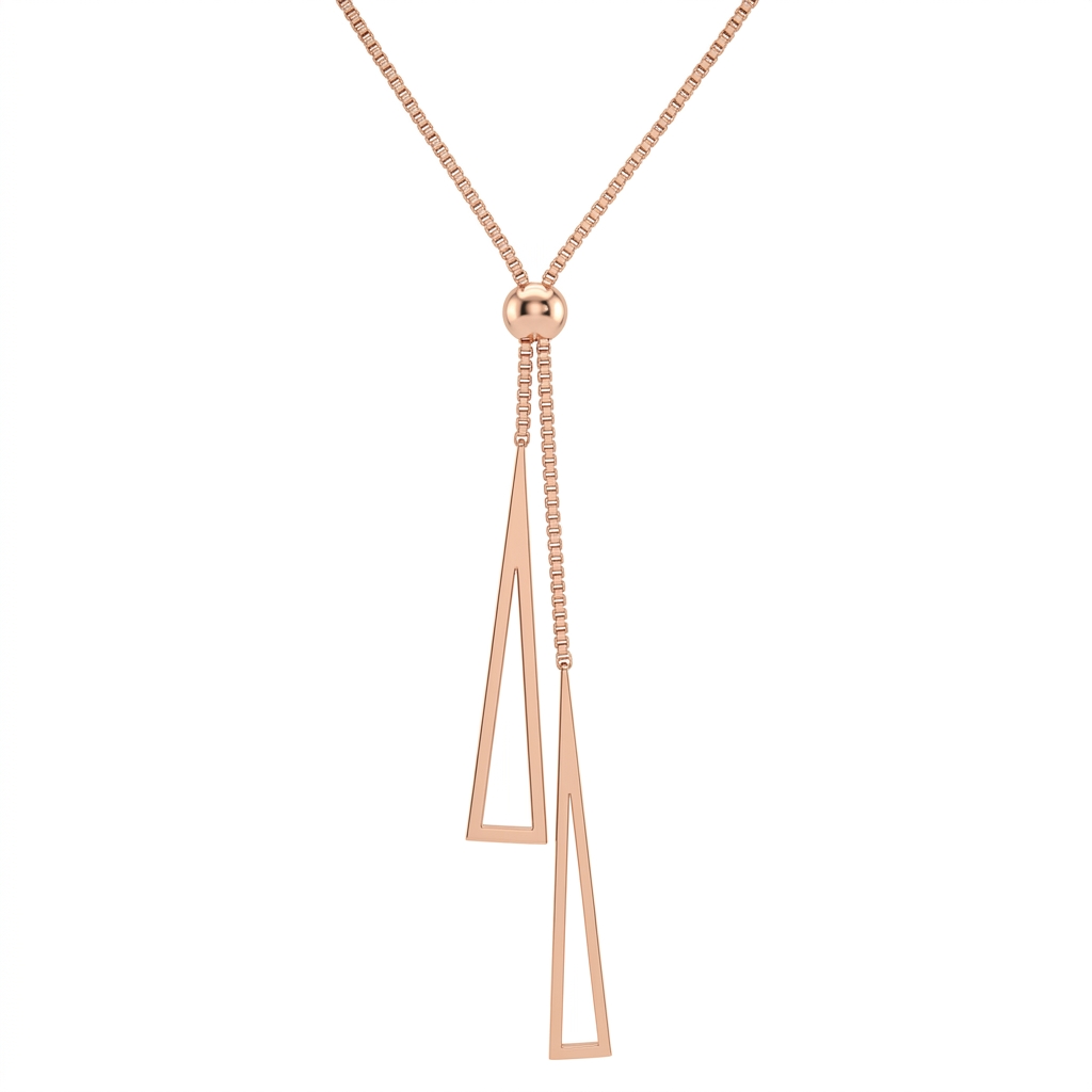 An adjustable rose gold lariat necklace featuring two dangling geometric hollow triangle pendants.