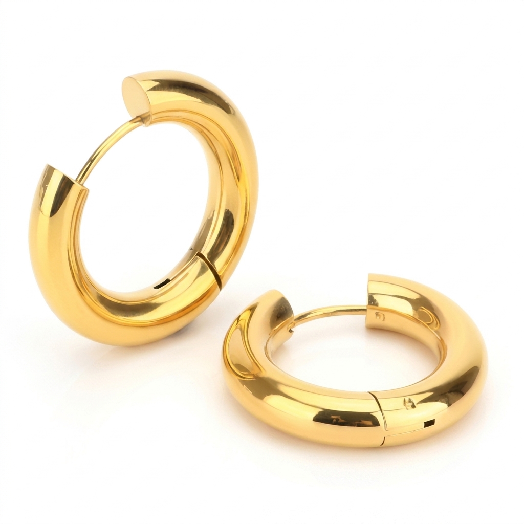 A pair of chunky polished gold hoop earrings on a plain white background.