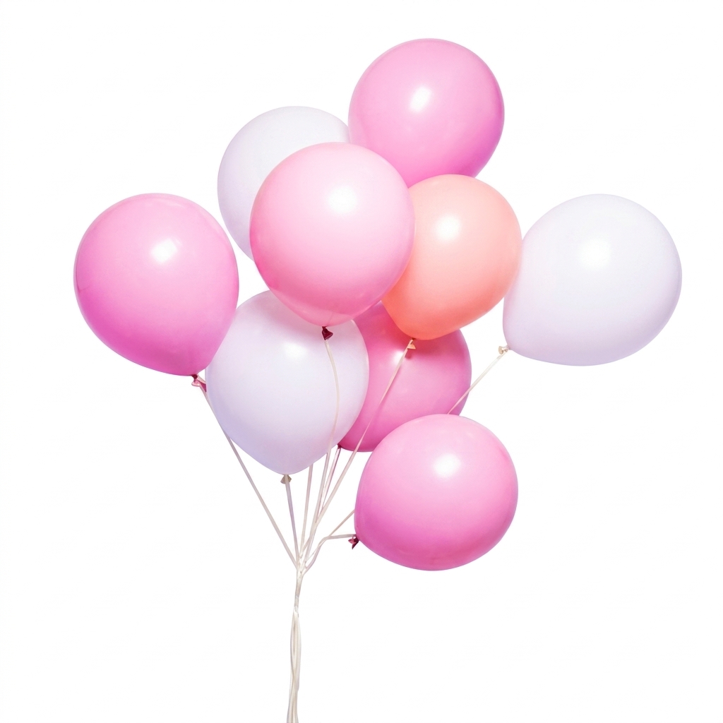 A bunch of glossy pink, peach, and white helium balloons against a white background.