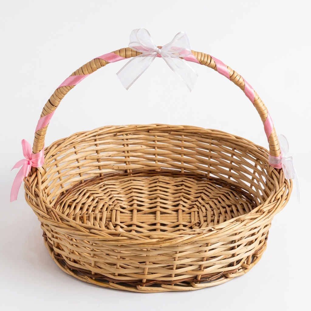 An empty woven wicker gift basket decorated with a pink ribbon and white bow.