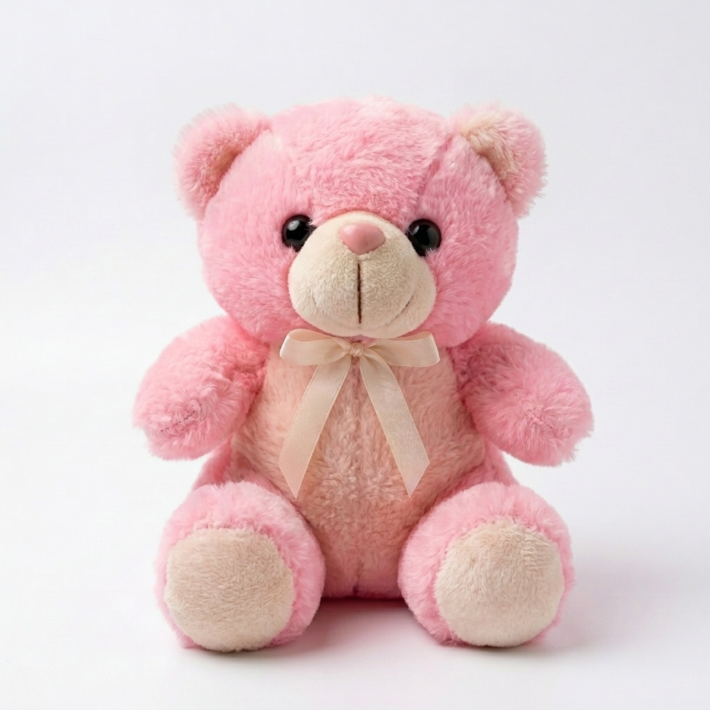 A soft pink plush teddy bear wearing a cream satin ribbon bow against a white background.