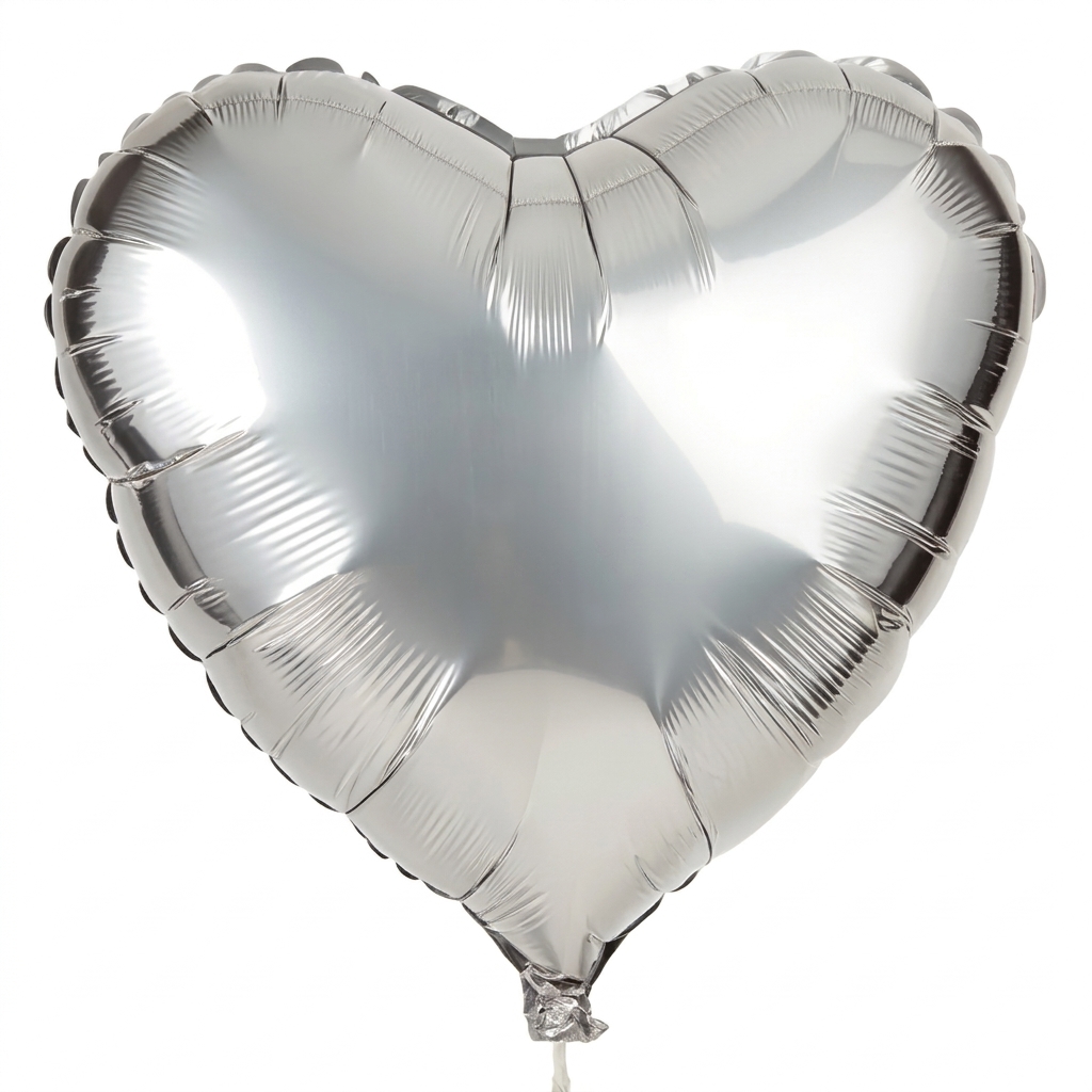 A shiny silver heart-shaped foil balloon isolated against a clean white background.