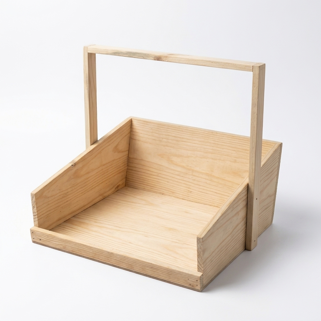 An empty sloped wooden gift basket with a handle against a white background.