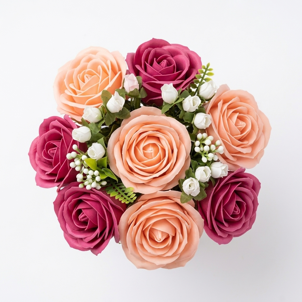 A top-down view of a Fioresa bouquet featuring artificial peach and magenta roses.
