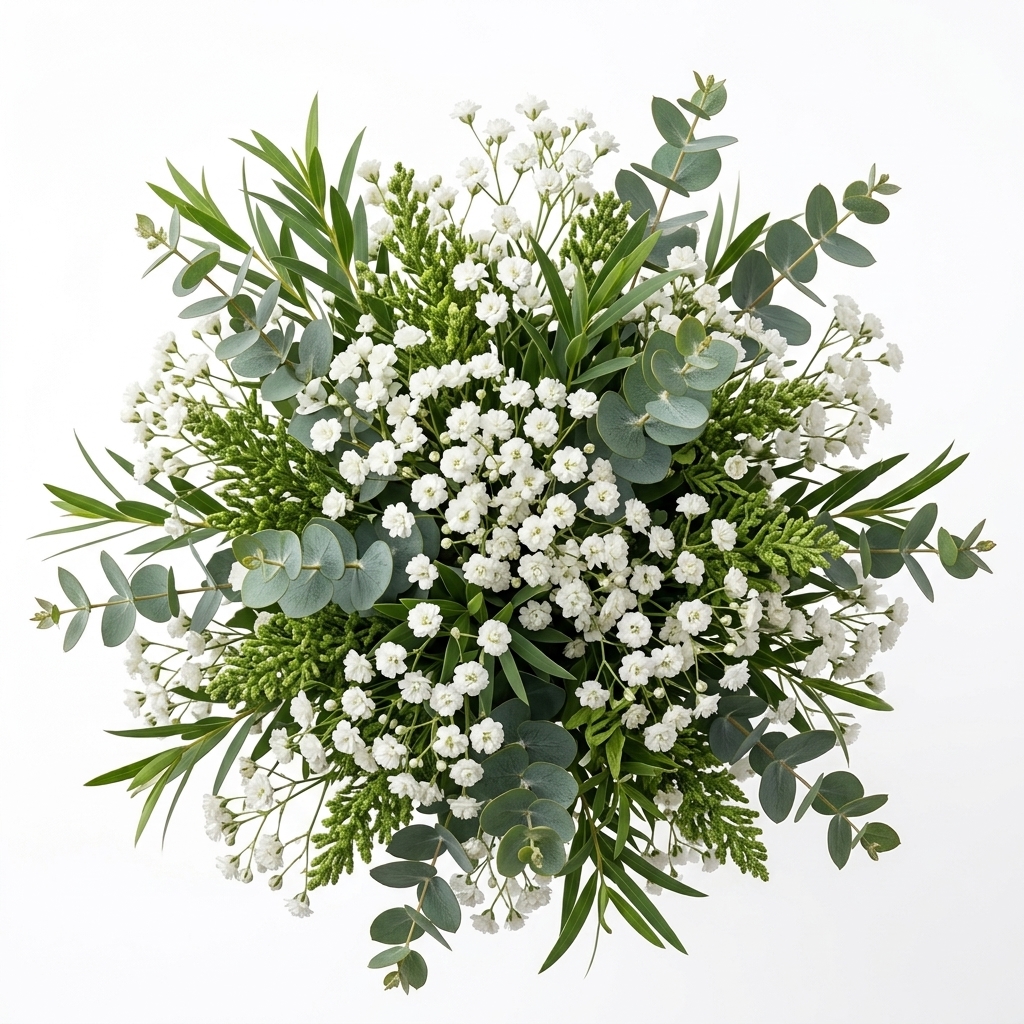 A top-down view of a Fioresa bouquet composed of white baby's breath and green eucalyptus.