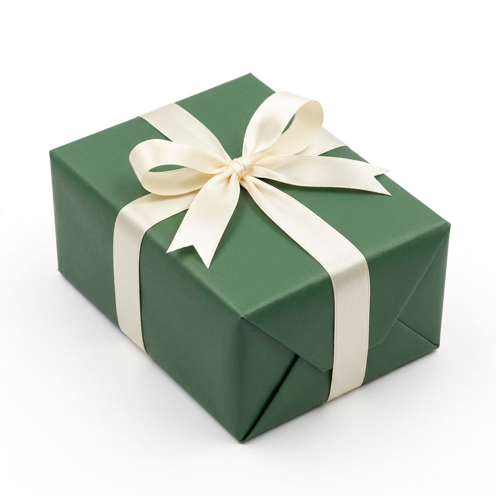 A beautifully wrapped dark green gift box with a cream satin ribbon bow on a white background.