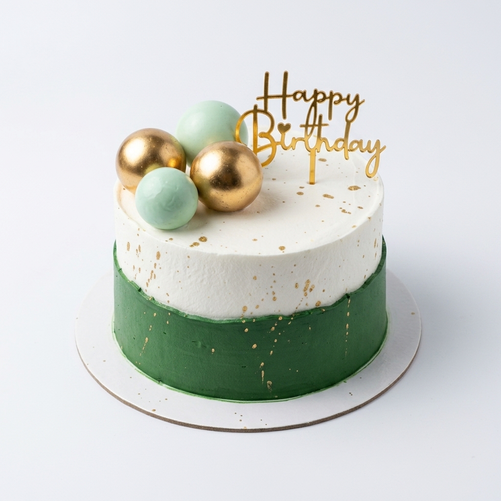 A luxury white and green frosted birthday cake decorated with gold spheres on a white background.