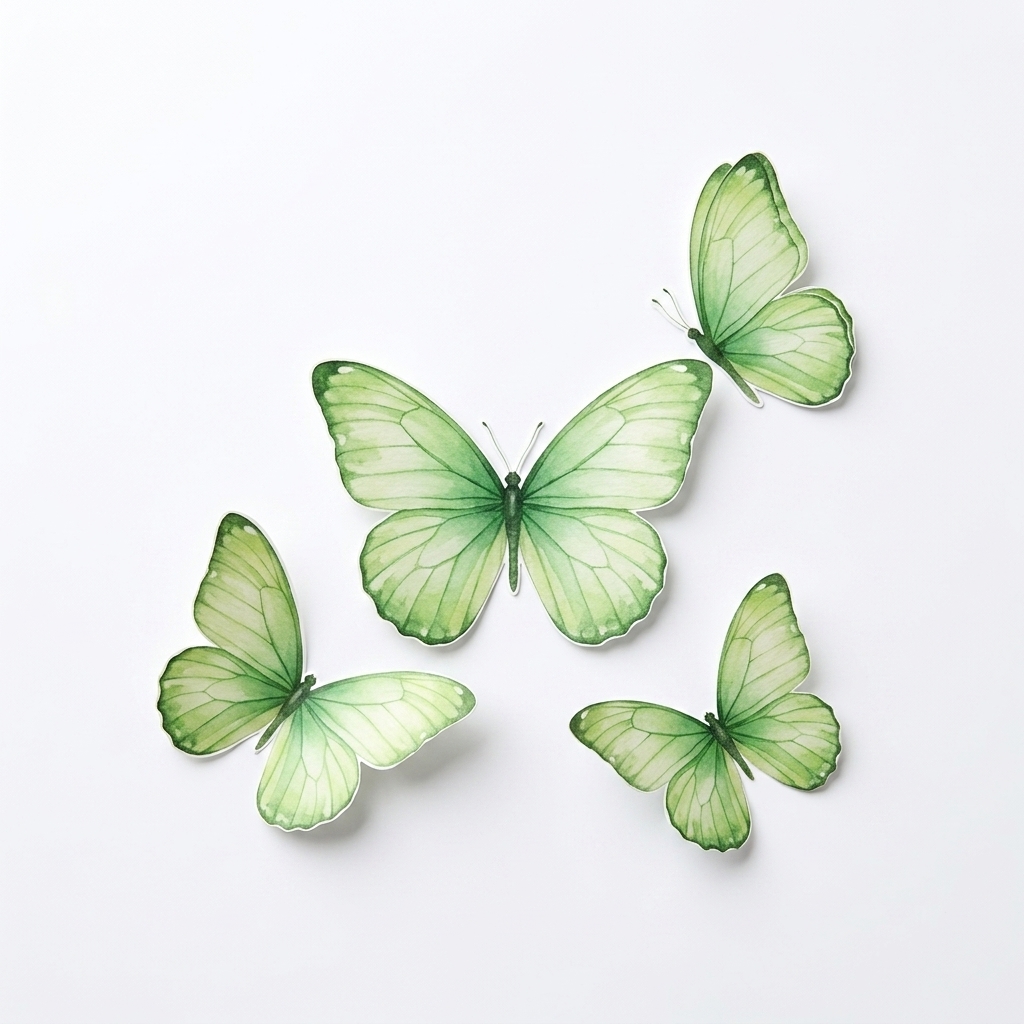Four decorative pale green watercolor butterfly cutouts arranged neatly on a clean white background.