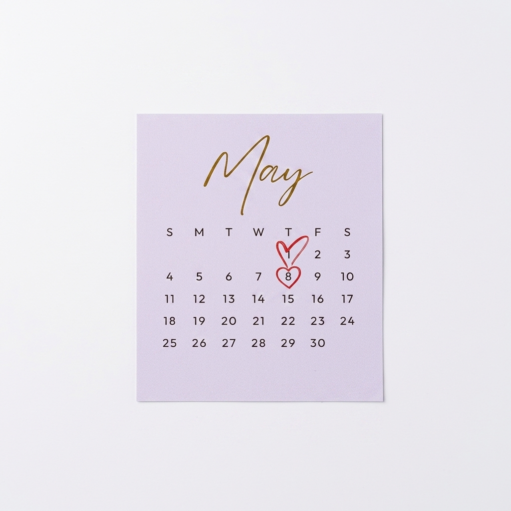 A lavender May calendar card with the eighth day circled in a red heart.